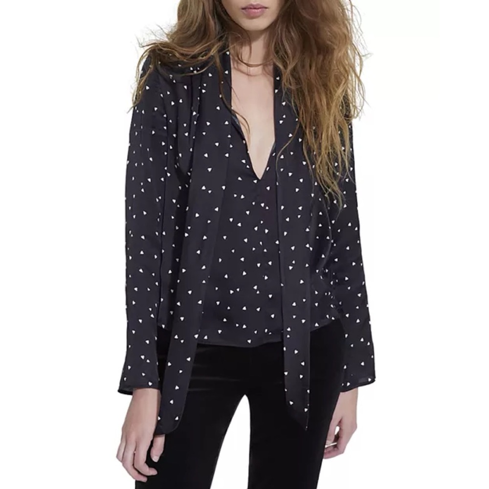 The Kooples Heart Print Tie Neck Top Blouse Popover Bow Sz 8